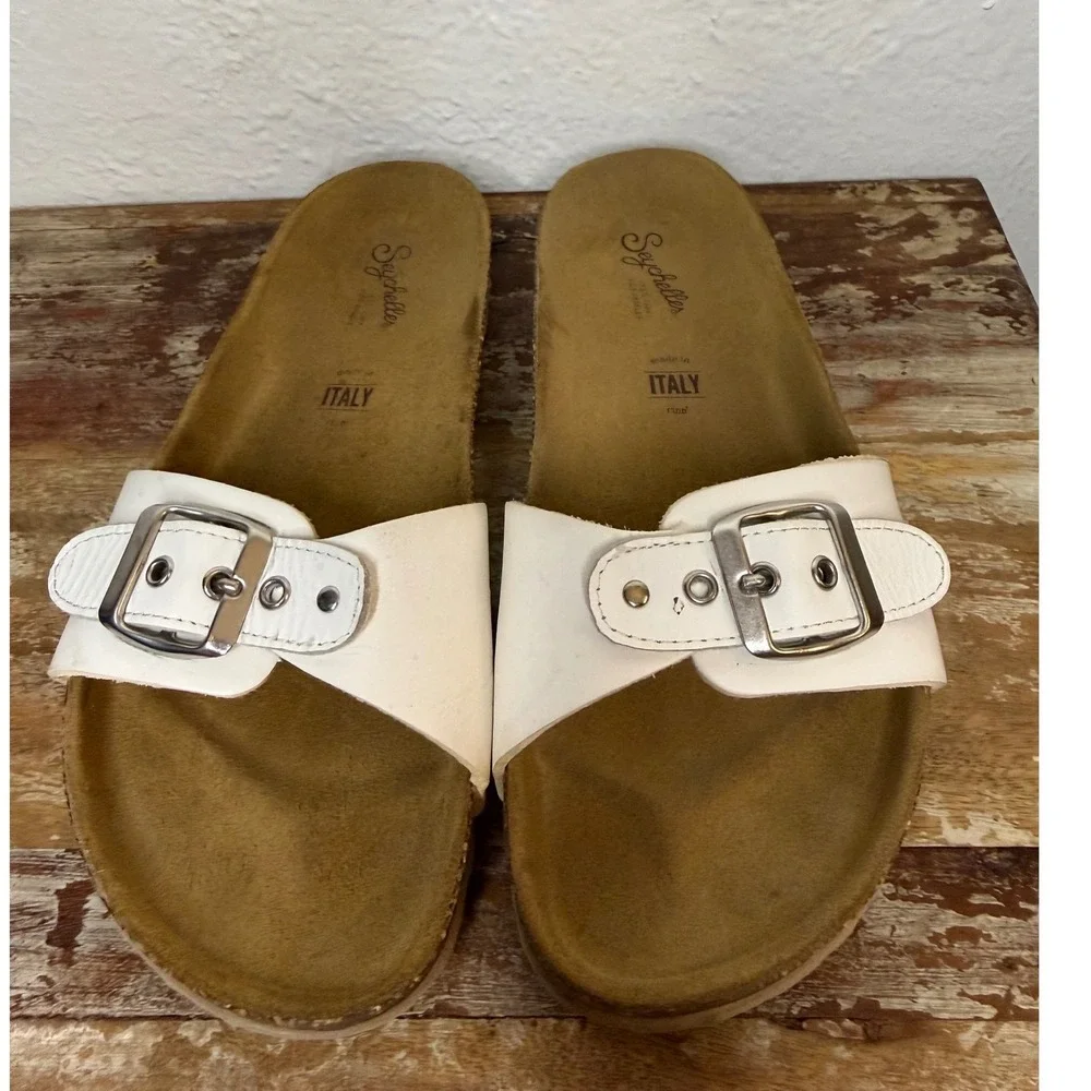 Seychelles Speechless Women's 8 Slide Sandals White Leather Buckle Italy